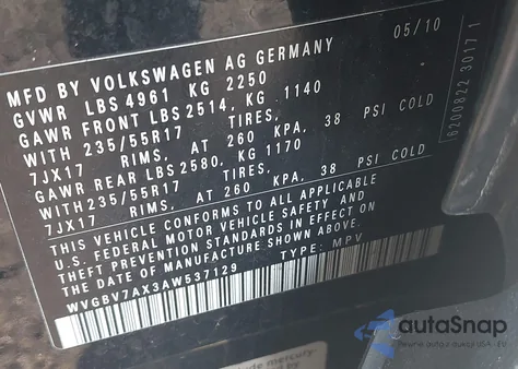 2010 Volkswagen Tiguan Wolfsburg Edition from USA, damaged, VIN WVGBV7AX3AW537129